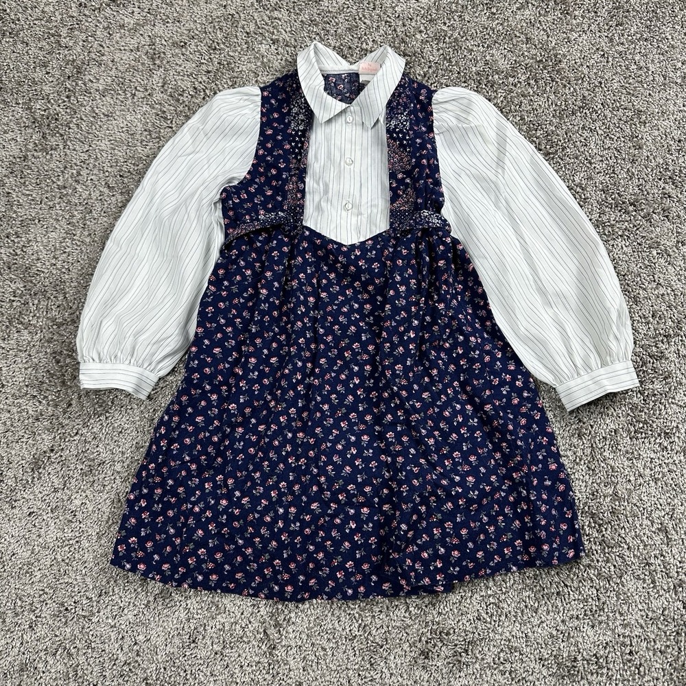 Vintage Ruth Originals Dress Kids 6 Black‎ Floral Prairie Cottagecore 70s